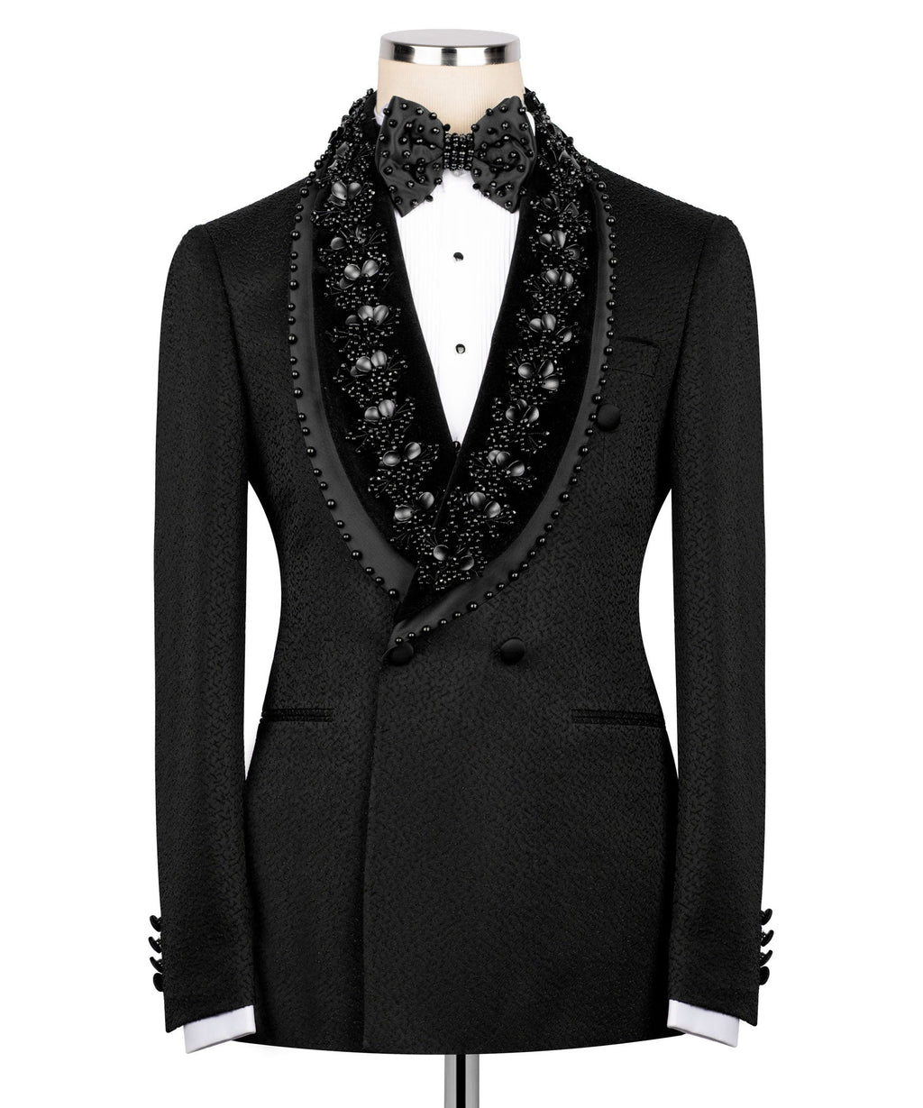 Black tuxedo jacket with stone-embellished lapels and beaded floral trim