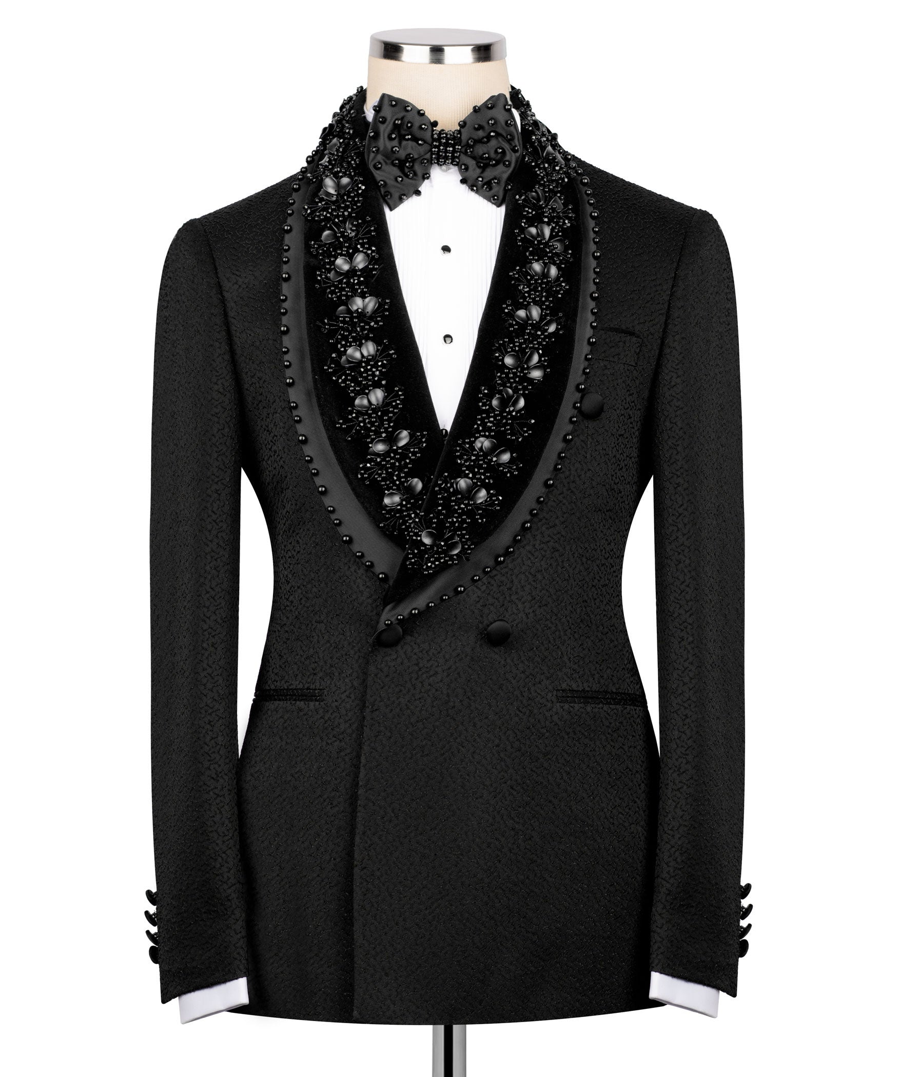 Black tuxedo jacket with stone-embellished lapels and beaded floral trim