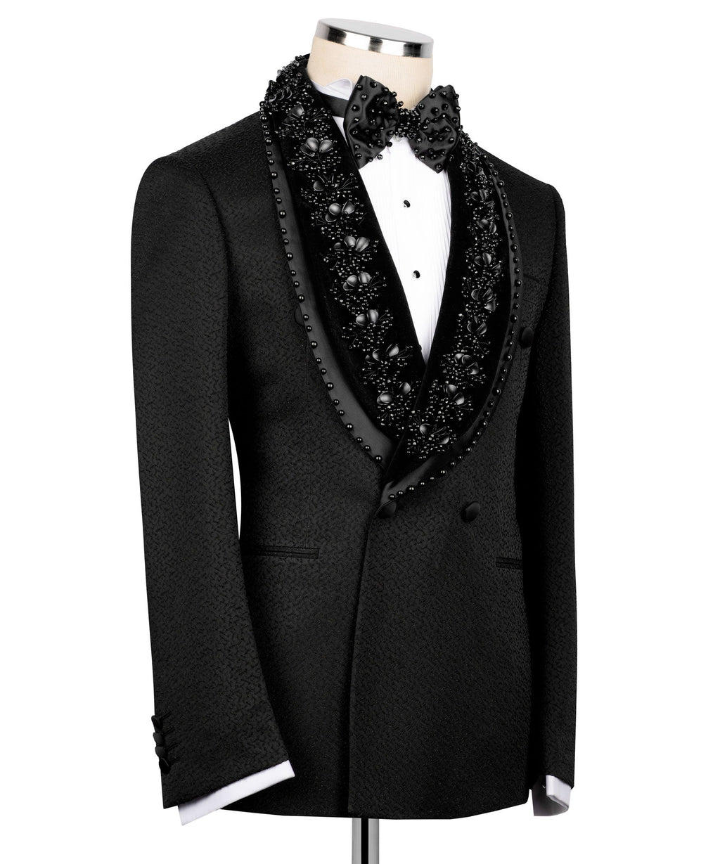 Black tuxedo vest with stone-embellished floral pattern and matching beaded trim