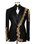 Black tuxedo jacket with gold stone-embroidered diagonal trim and bow tie