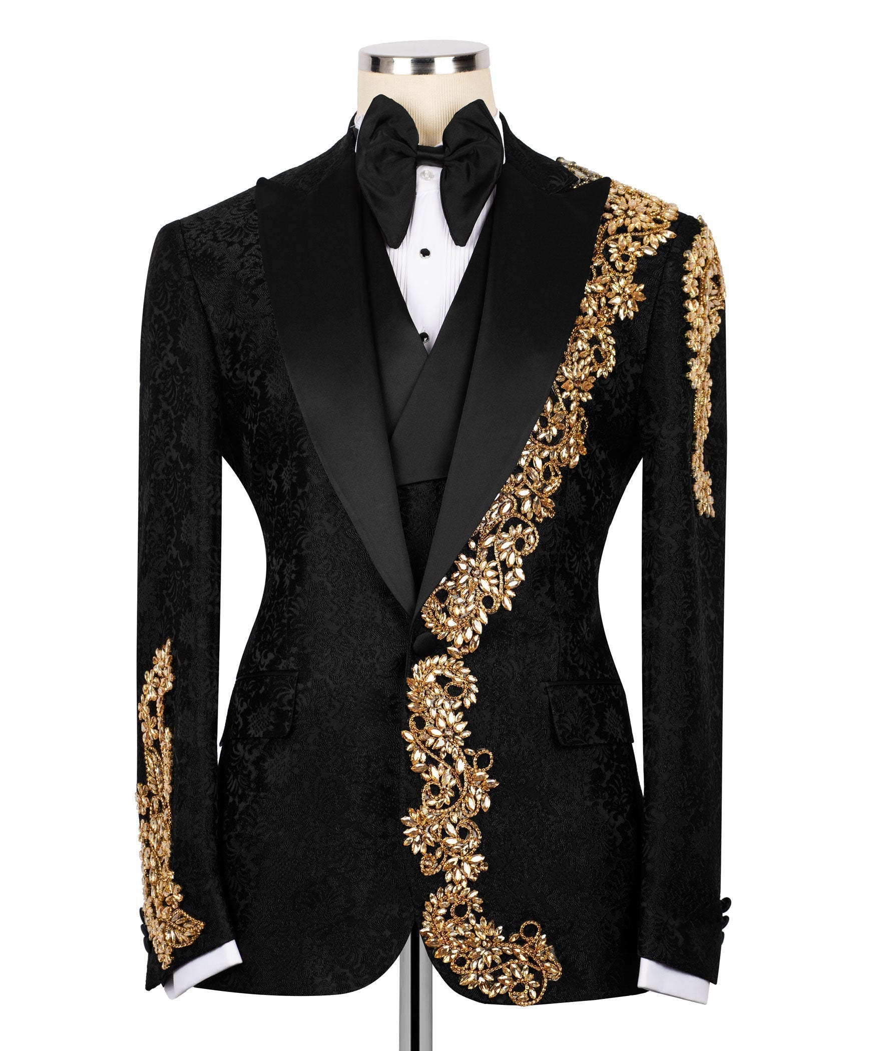 Black tuxedo jacket with gold stone-embroidered diagonal trim and bow tie
