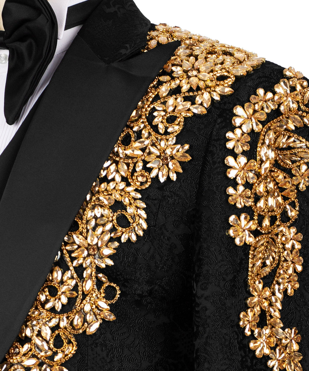 Gold stone-embroidered floral trim on black tuxedo lapel