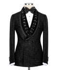 Stone-embroidered tuxedo two-piece set with black blazer and jeweled bow-collar