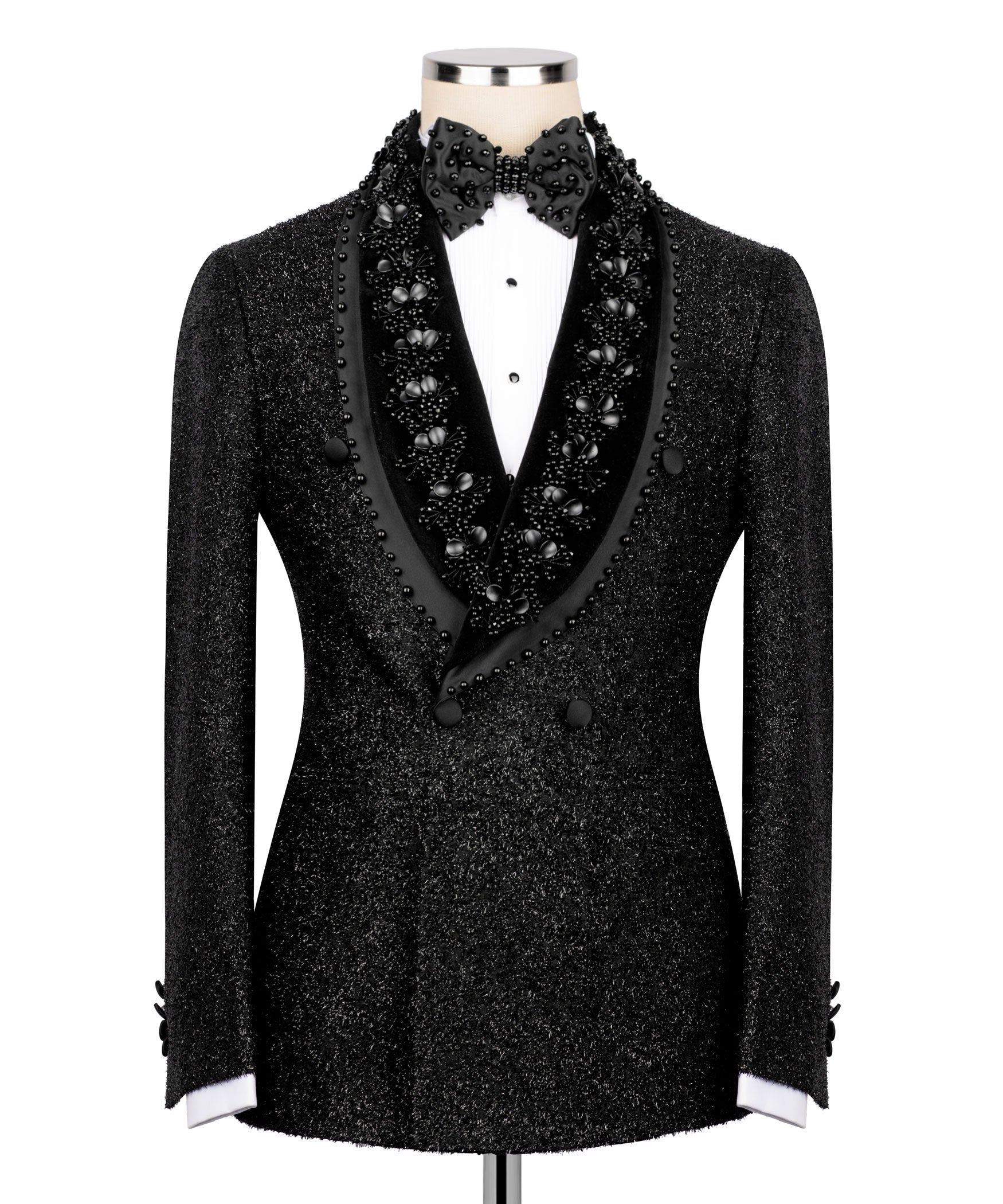Stone-embroidered tuxedo two-piece set with black blazer and jeweled bow-collar