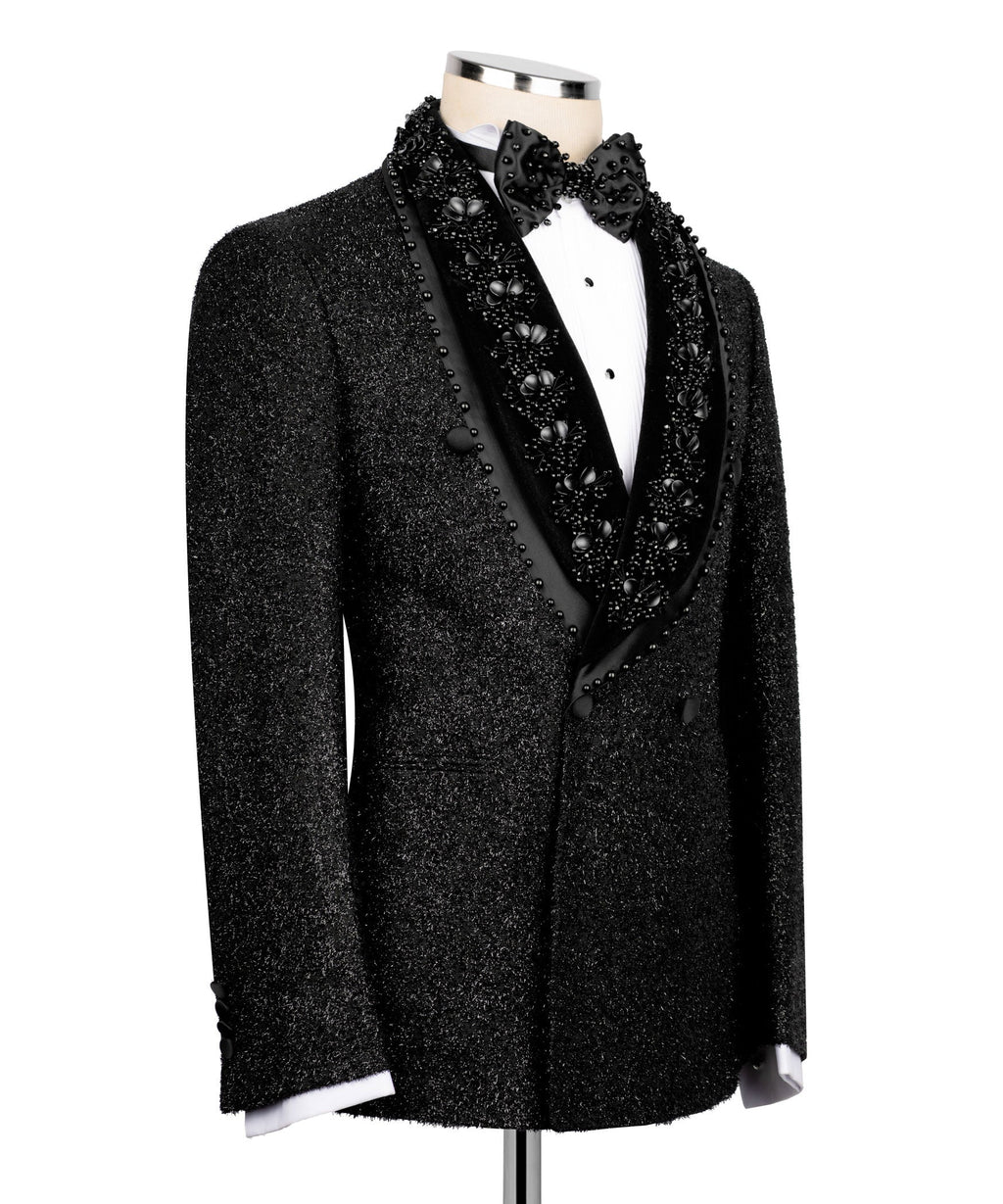 Black tuxedo blazer with stone-embellished shawl lapels and matching two-piece look