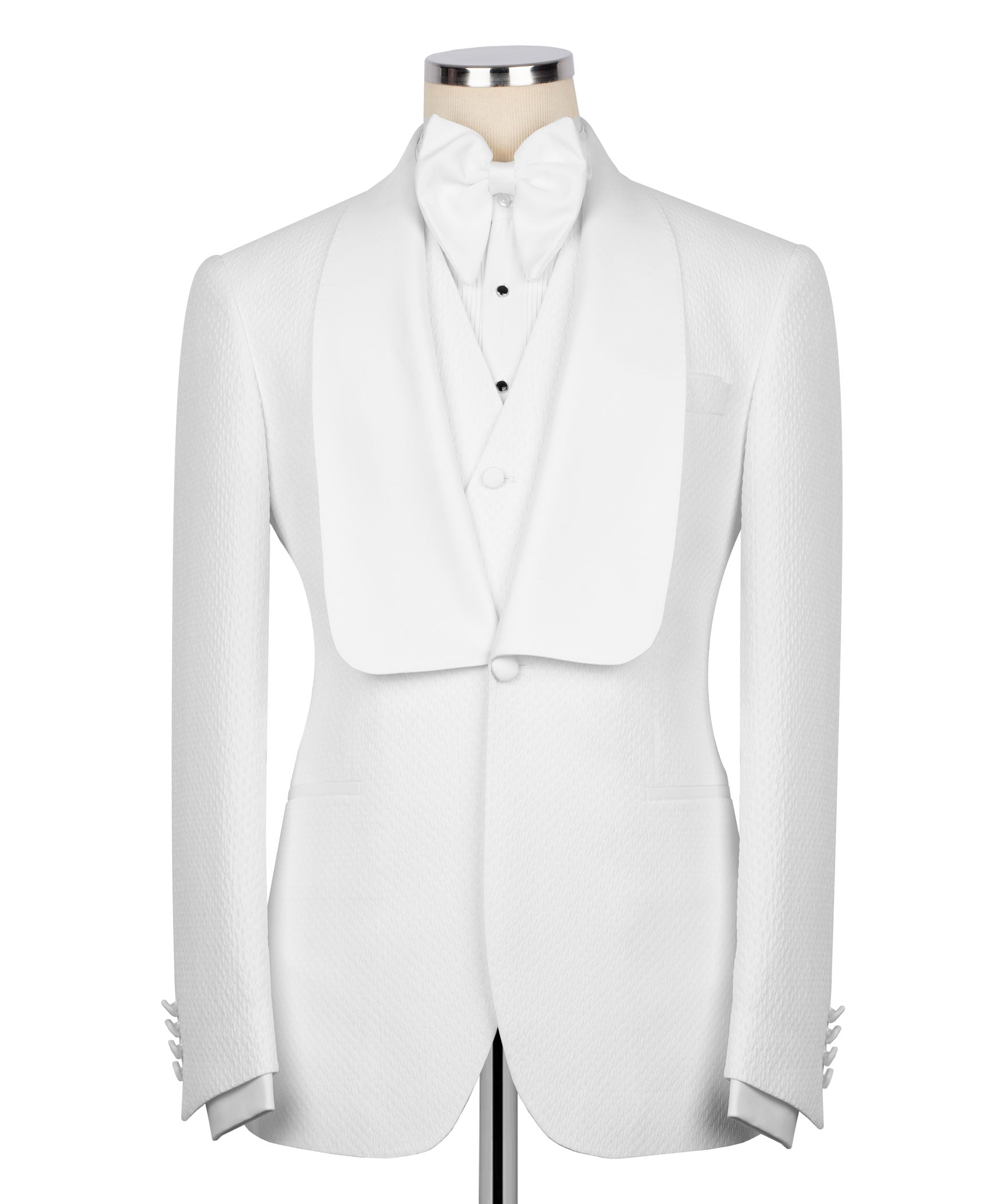 White three-piece tuxedo suit with waistcoat, front view and peak lapels