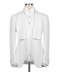 White tuxedo jacket, matching waistcoat and bow tie set on mannequin