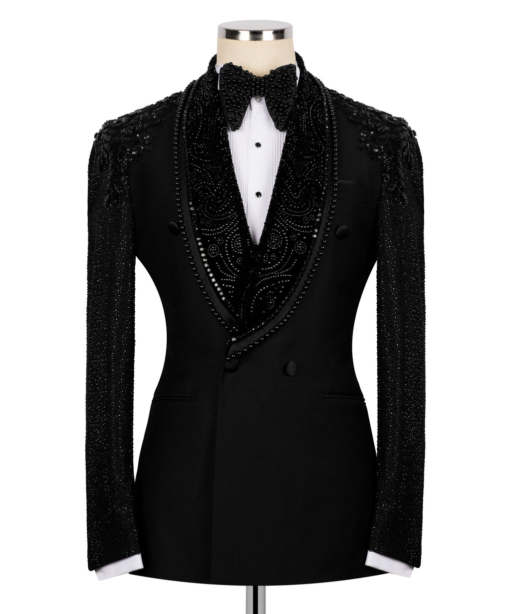Black stone-embroidered tuxedo jacket with satin lapels and double-breasted buttons