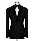 Black stone-embroidered tuxedo jacket with satin lapels and double-breasted buttons