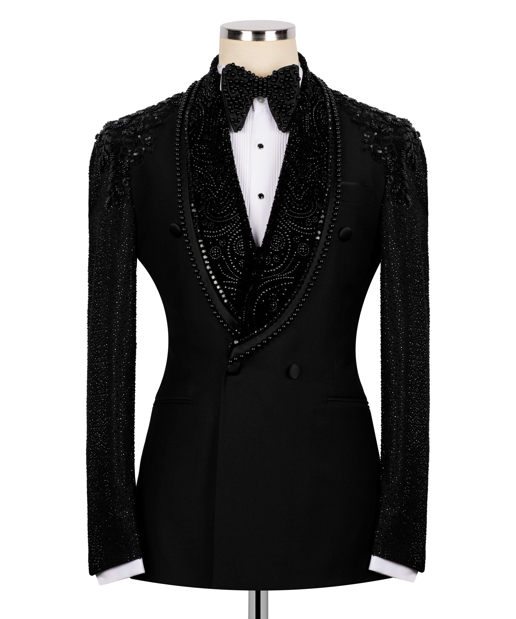 Black stone-embroidered tuxedo jacket with satin lapels and double-breasted buttons