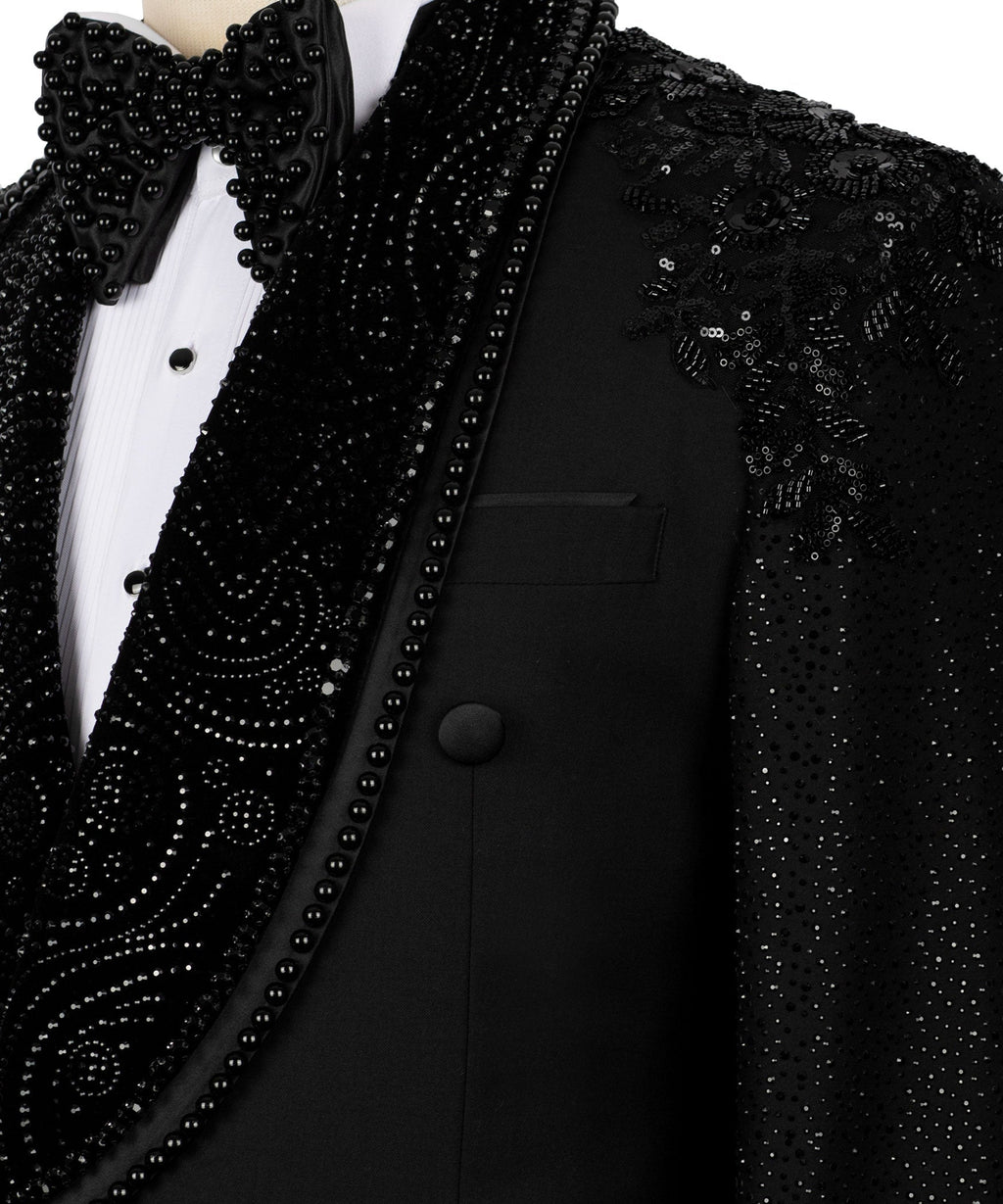 Close-up: black beaded stone embroidery on tuxedo lapel and front panel