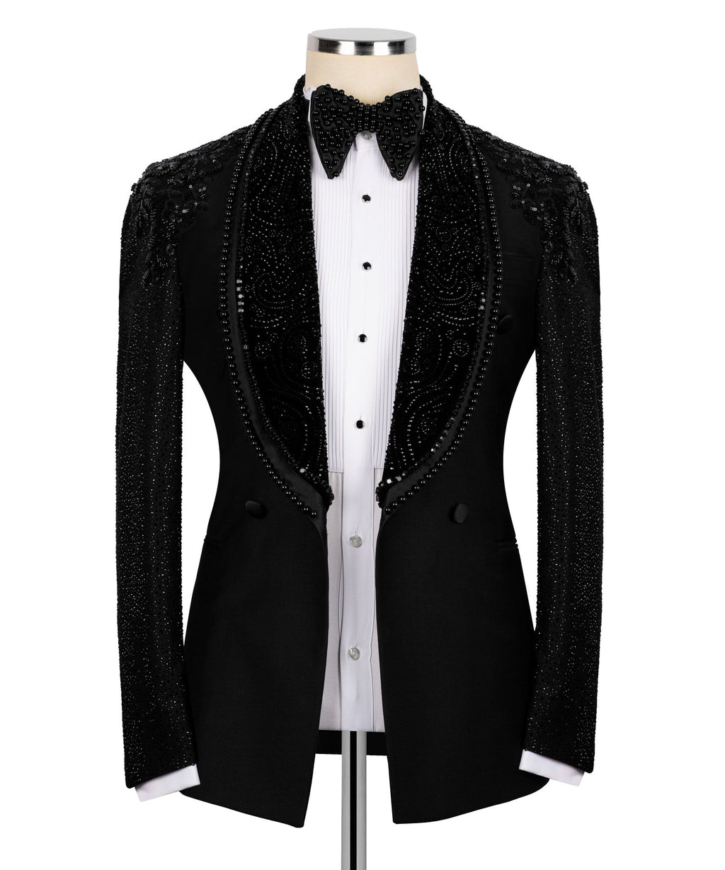 Black stone-embroidered tuxedo jacket with bow tie and glossy satin lapels