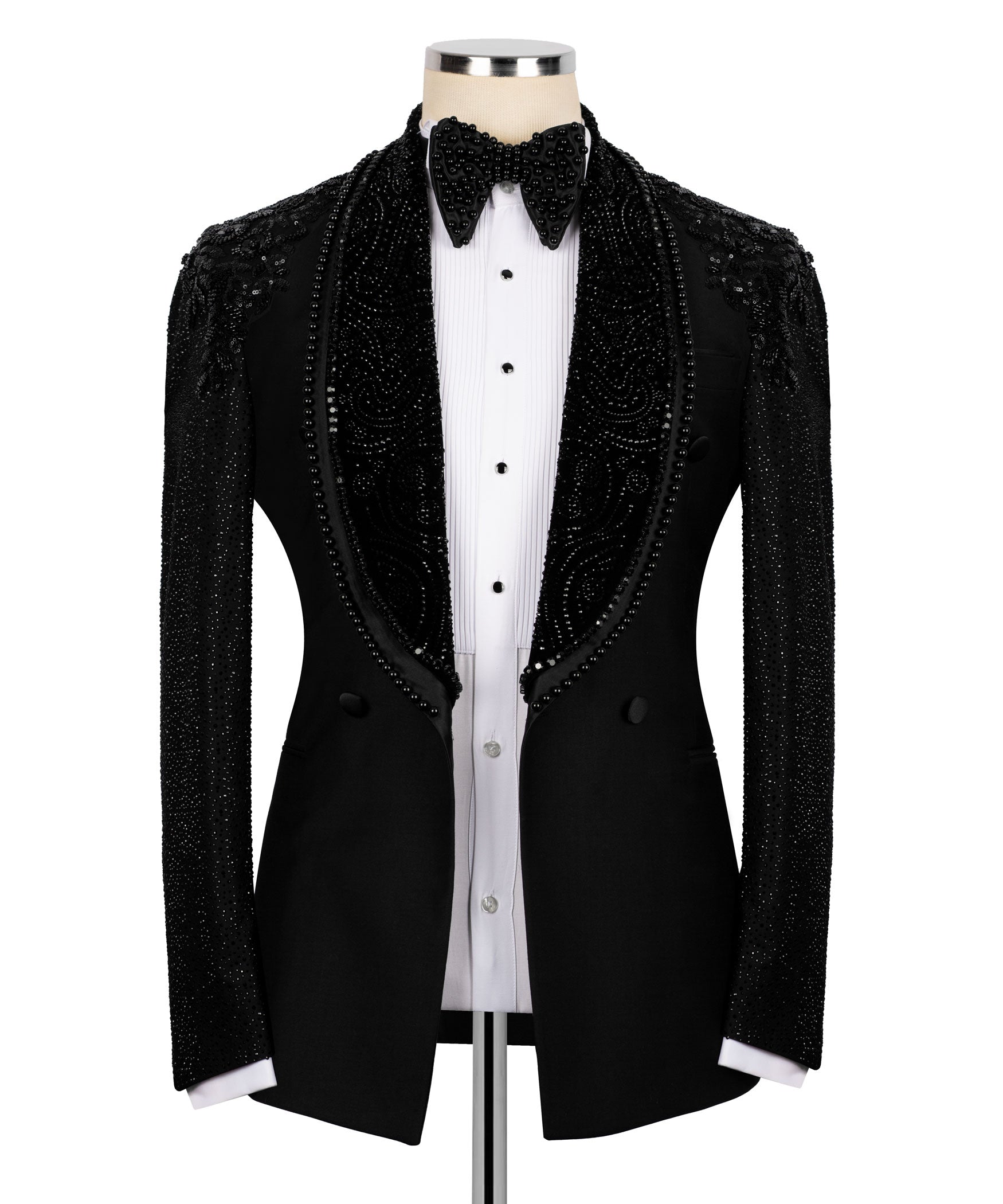 Black stone-embroidered tuxedo jacket with bow tie and glossy satin lapels