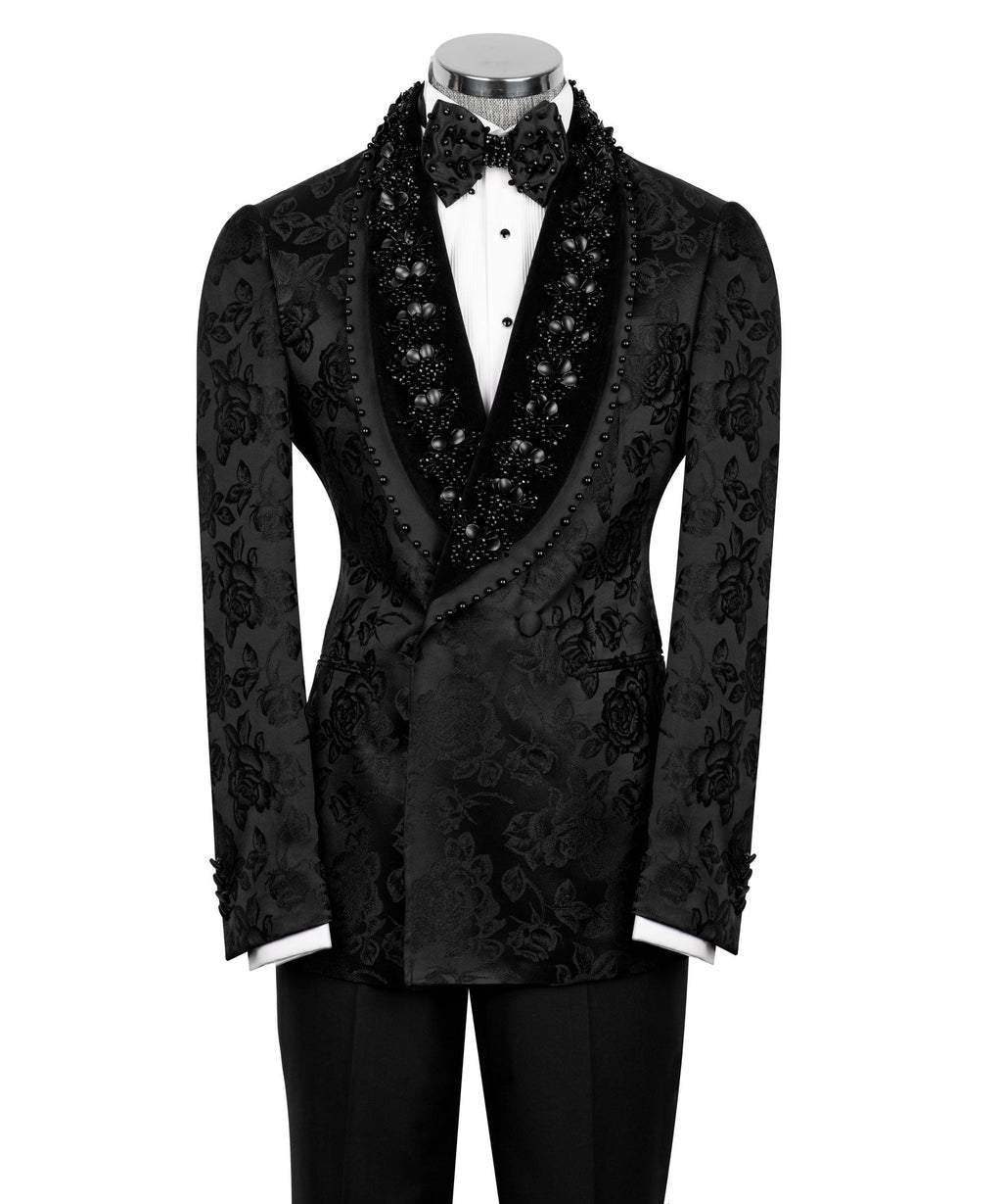 Two-piece tux set: black embroidered jacket with jeweled deep V lapels and black trousers