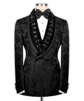 Black jeweled tuxedo jacket with floral embroidery, deep V satin lapels and stud trim