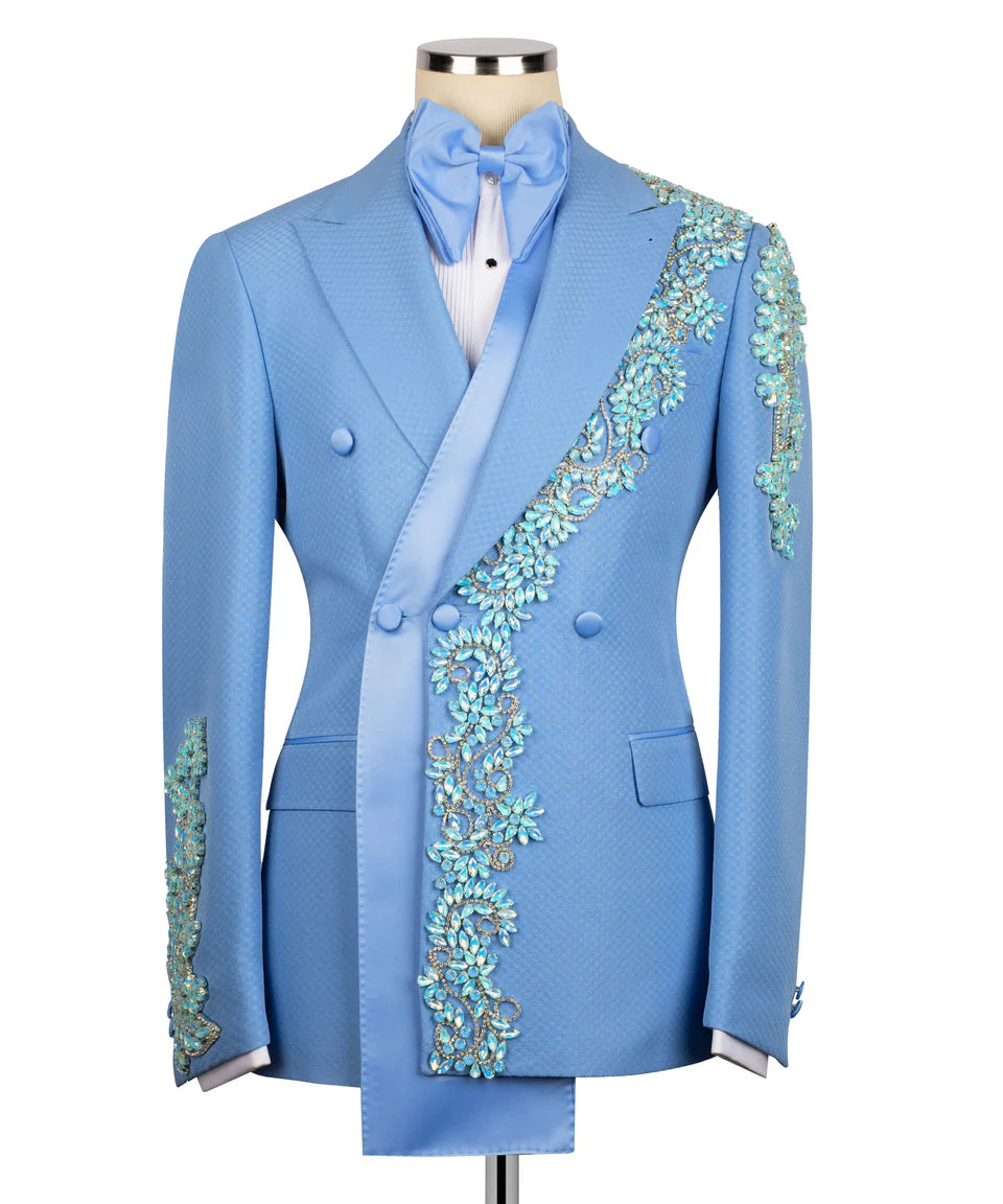 Blue embroidered jacket on a mannequin with a white background
