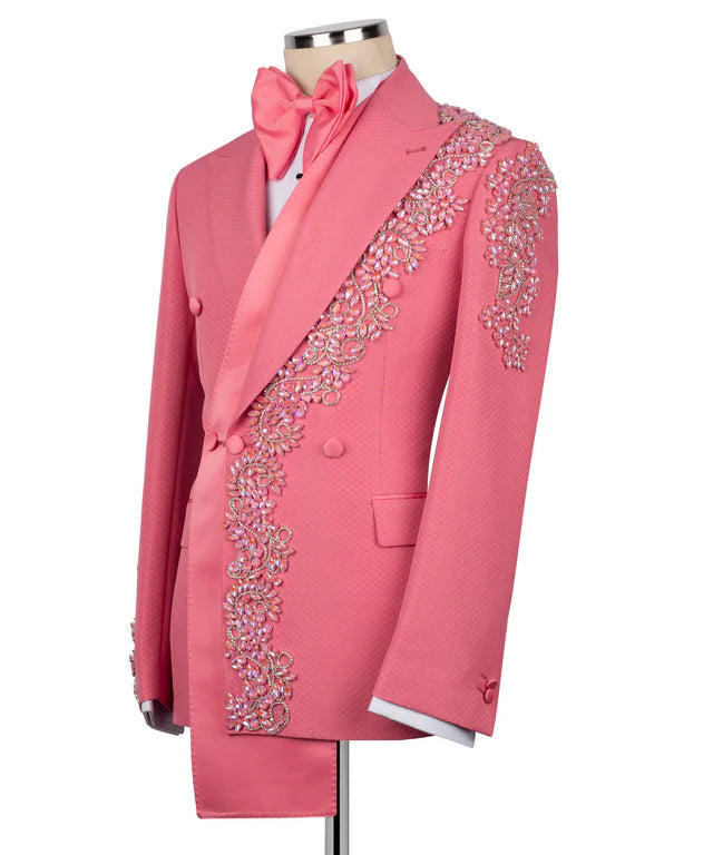 Pink tuxedo with decorative elements on a white background