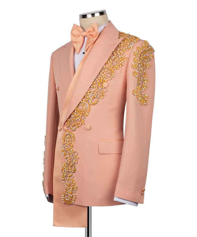 Pink blazer with gold embroidery on a mannequin against a white background