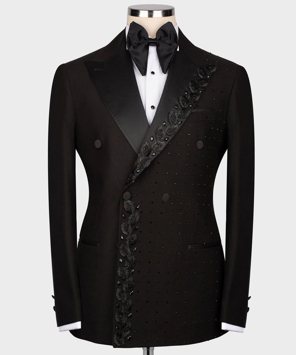 Black tuxedo jacket with satin lapels and diagonal jeweled stripe pattern