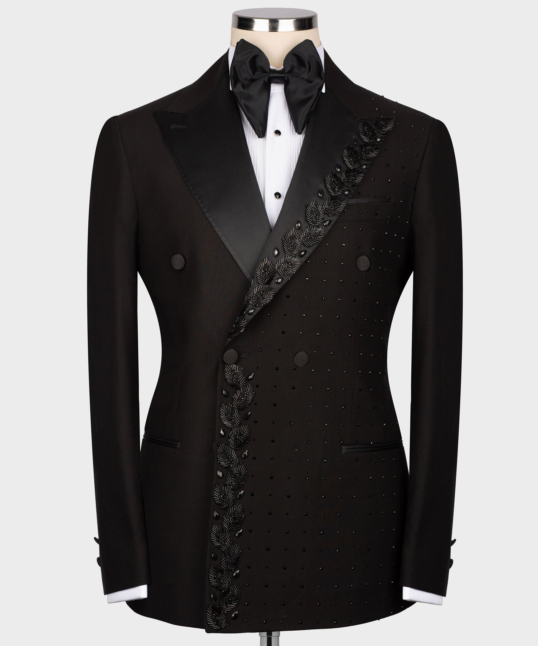 Black tuxedo jacket with satin lapels and diagonal jeweled stripe pattern