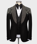 Black tuxedo jacket with white stone-embroidered lapels and satin bow tie, front view