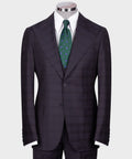 Navy plaid vest suit with white shirt and green patterned tie, single-breasted front