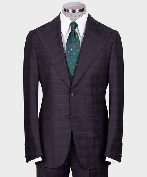 Navy plaid vest suit with white shirt and green patterned tie, single-breasted front