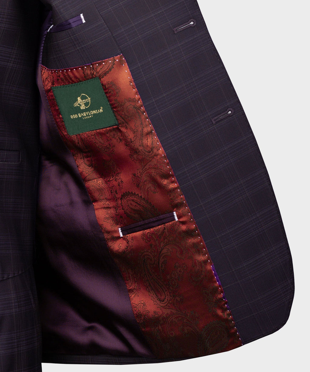 Navy plaid jacket pocket with red paisley lining and green label tag