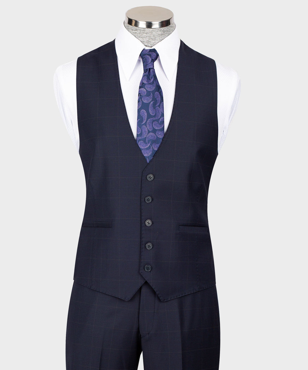 Navy waistcoat vest with five-button front and matching dress pants