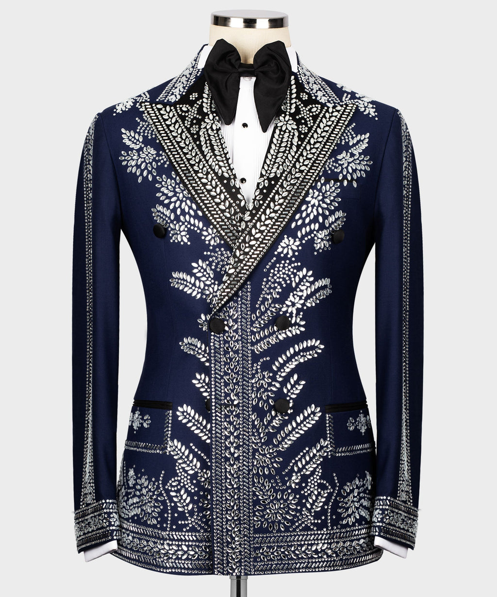 Dark blue tuxedo jacket with silver stone floral embroidery and black satin bow tie