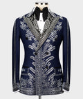 Dark blue tuxedo jacket with silver stone floral embroidery and black satin bow tie