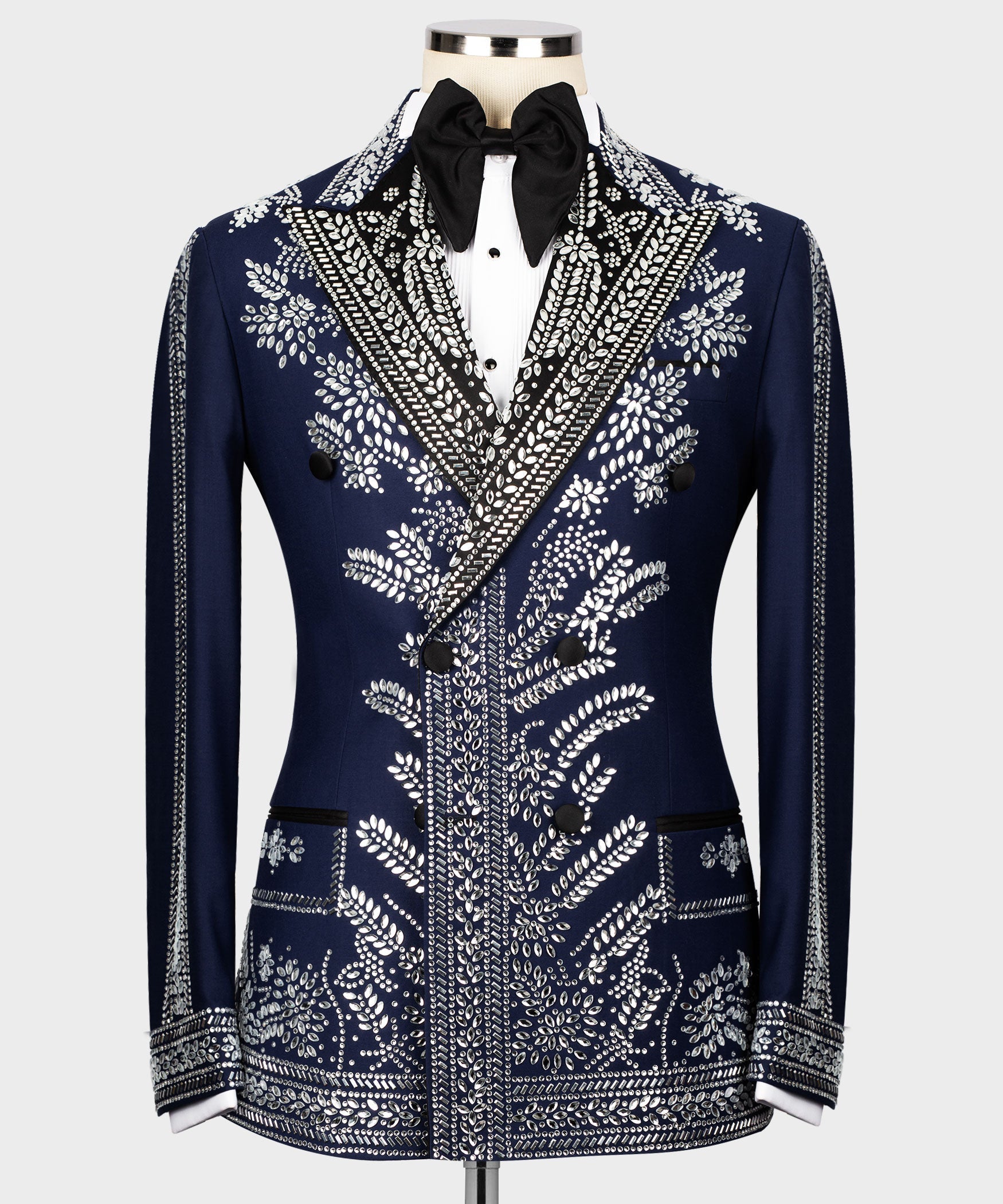Dark blue tuxedo jacket with silver stone floral embroidery and black satin bow tie