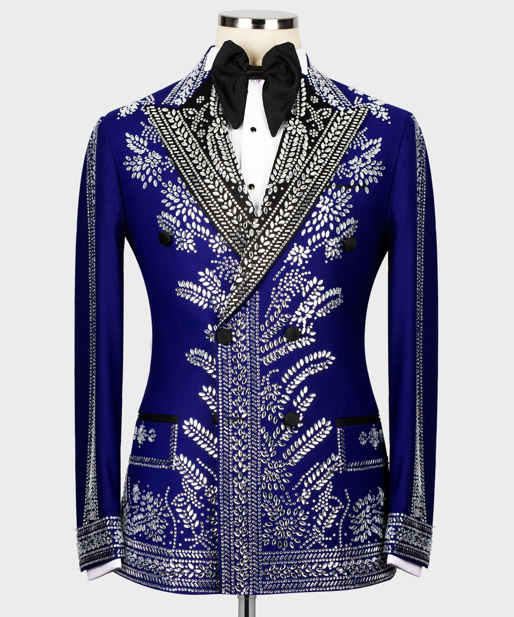 Blue tuxedo jacket with silver rhinestone floral embroidery and black bow tie