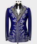 Blue tuxedo jacket with silver rhinestone floral embroidery and black bow tie