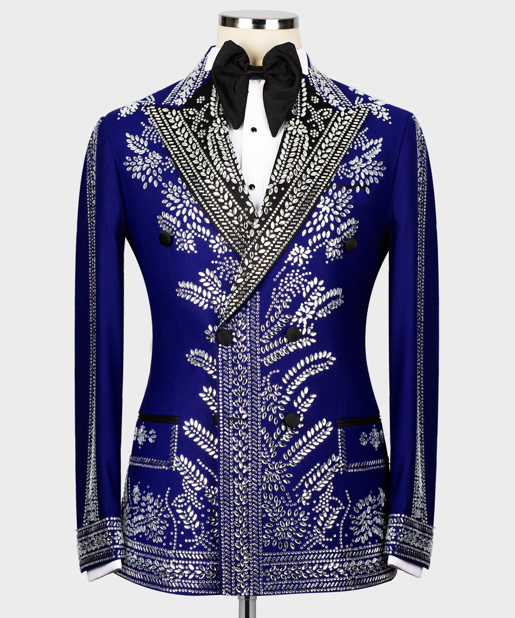 Blue tuxedo jacket with silver rhinestone floral embroidery and black bow tie