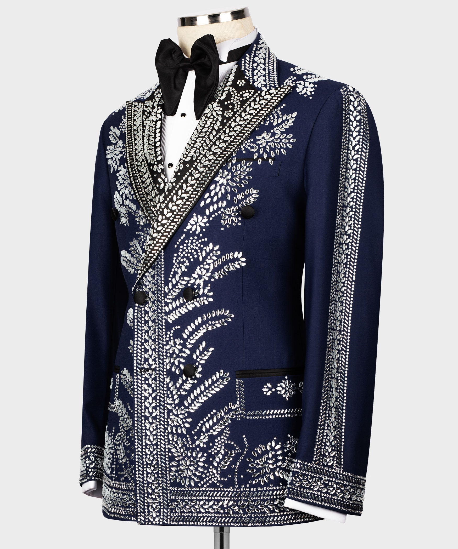 Dark blue tuxedo jacket with silver stone leaf scroll embroidery and black satin lapels