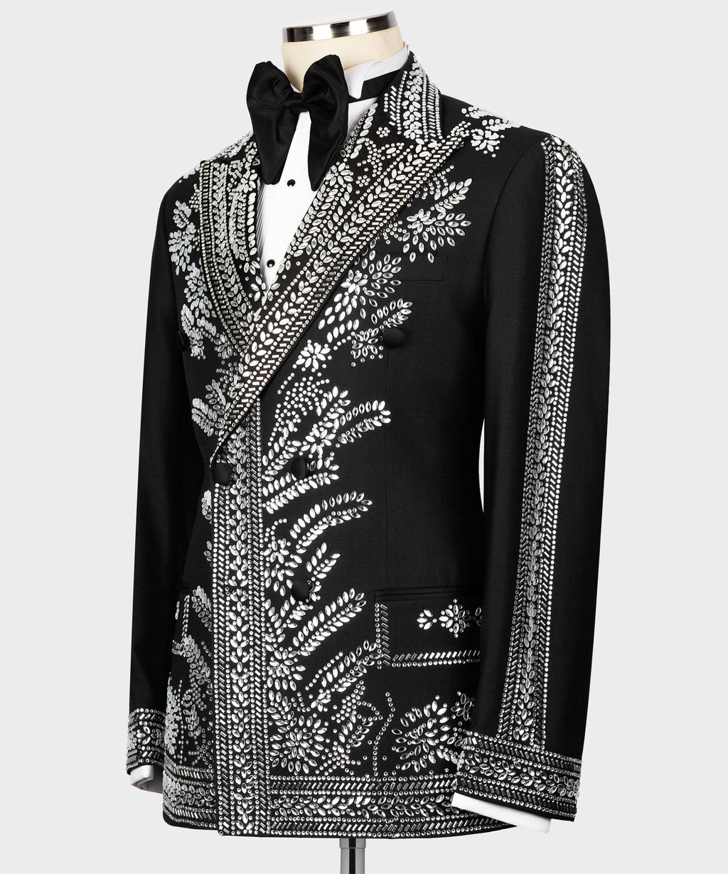 Black formal suit jacket with silver bead embroidery on lapel, chest, and sleeves
