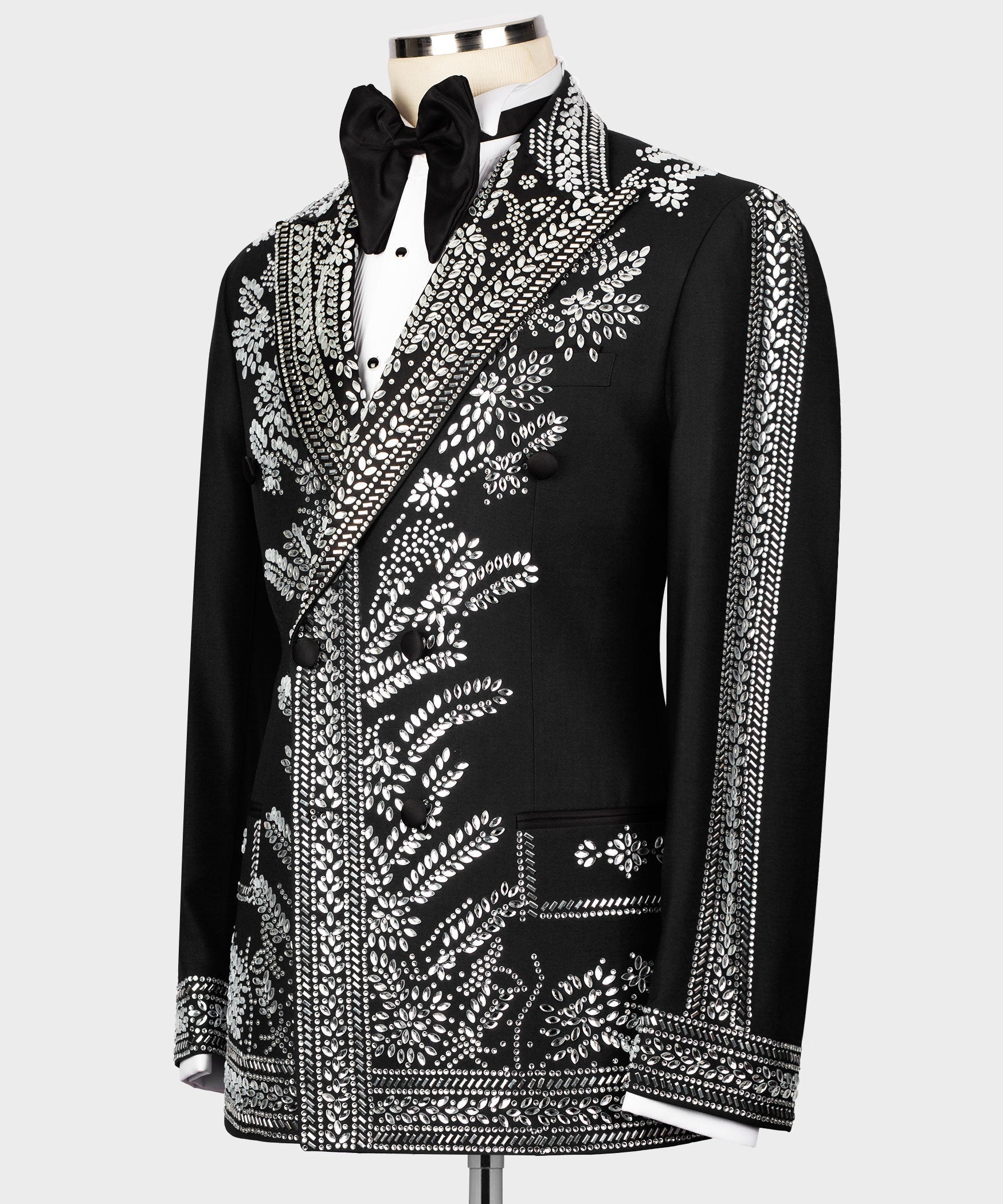Black formal suit jacket with silver bead embroidery on lapel, chest, and sleeves