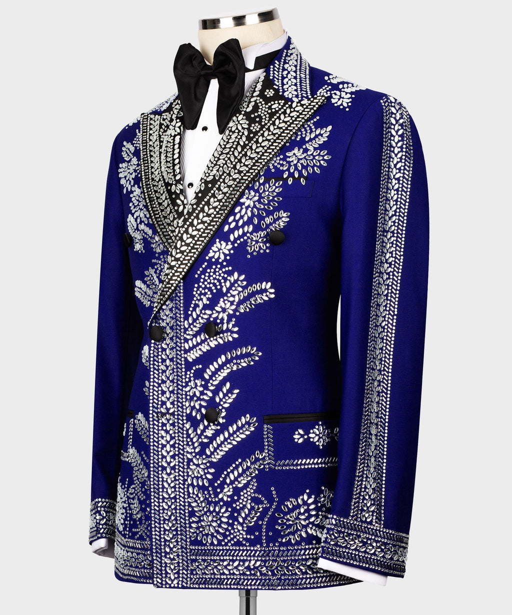 Blue tuxedo jacket with silver beaded embroidery, black buttons, and satin lapel trim