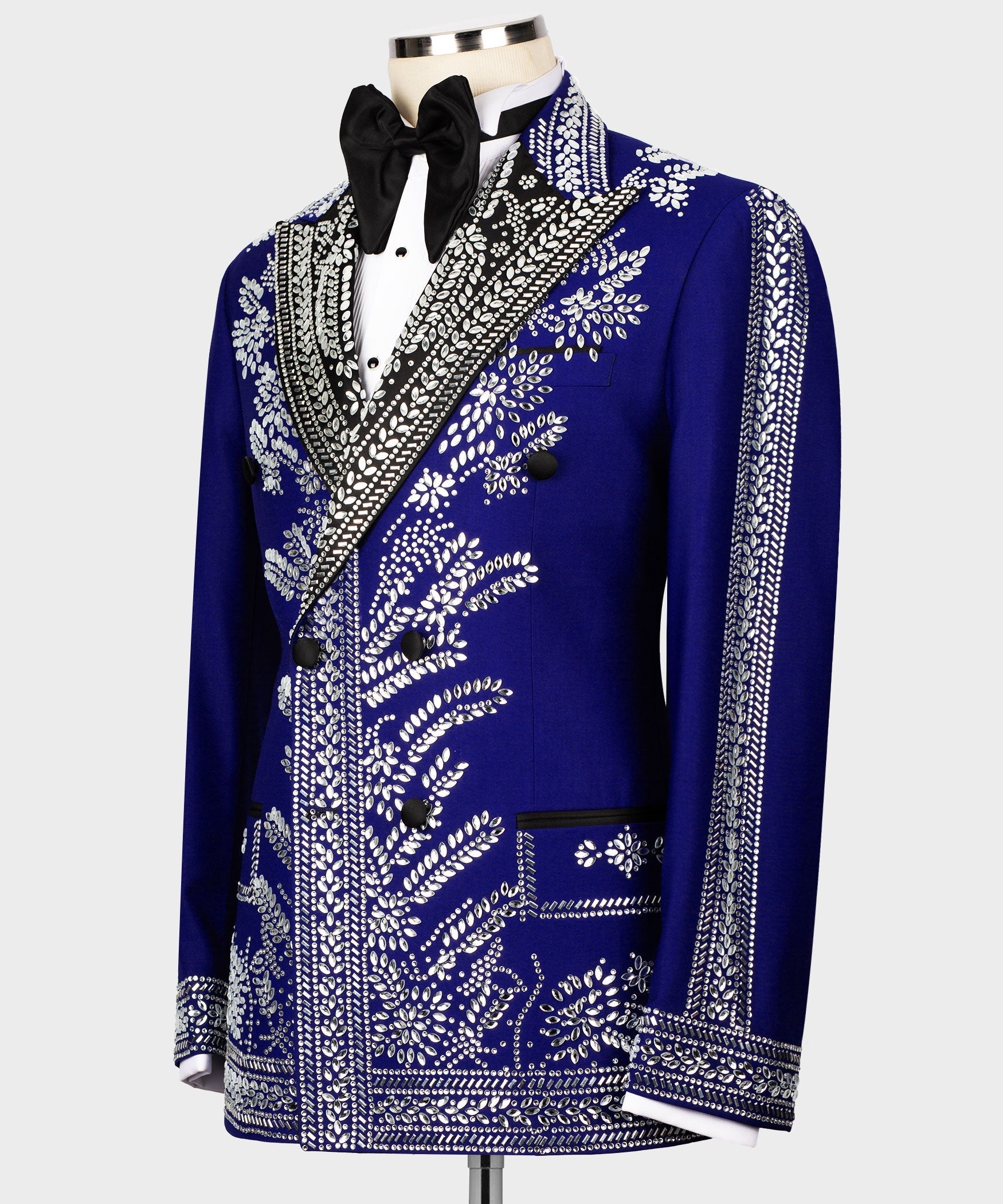 Blue tuxedo jacket with silver beaded embroidery, black buttons, and satin lapel trim