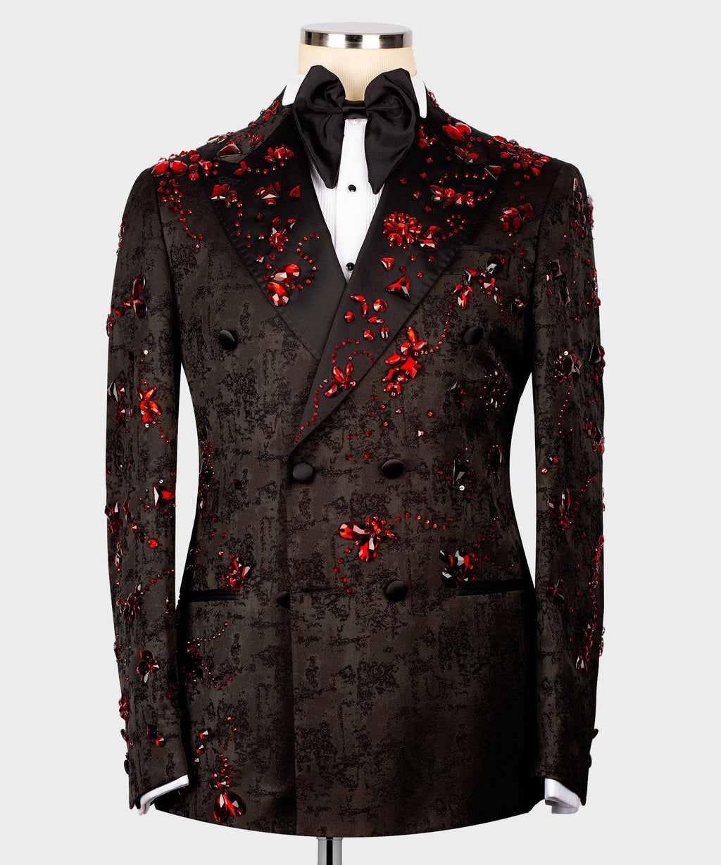 Black tuxedo jacket with red stone embroidery, satin lapels, double-breasted buttons