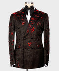 Black tuxedo jacket with red stone embroidery, satin lapels, double-breasted buttons