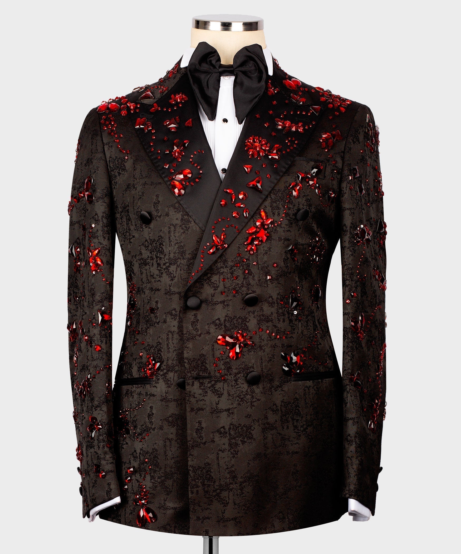Black tuxedo jacket with red stone embroidery, satin lapels, double-breasted buttons