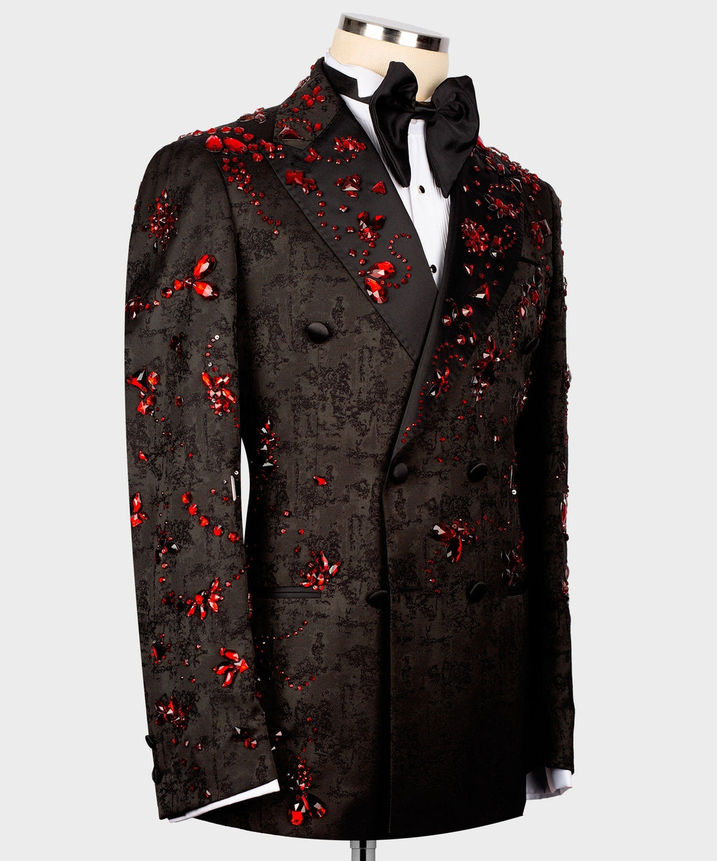 Black tuxedo jacket with red stone embellishments and black satin bow tie