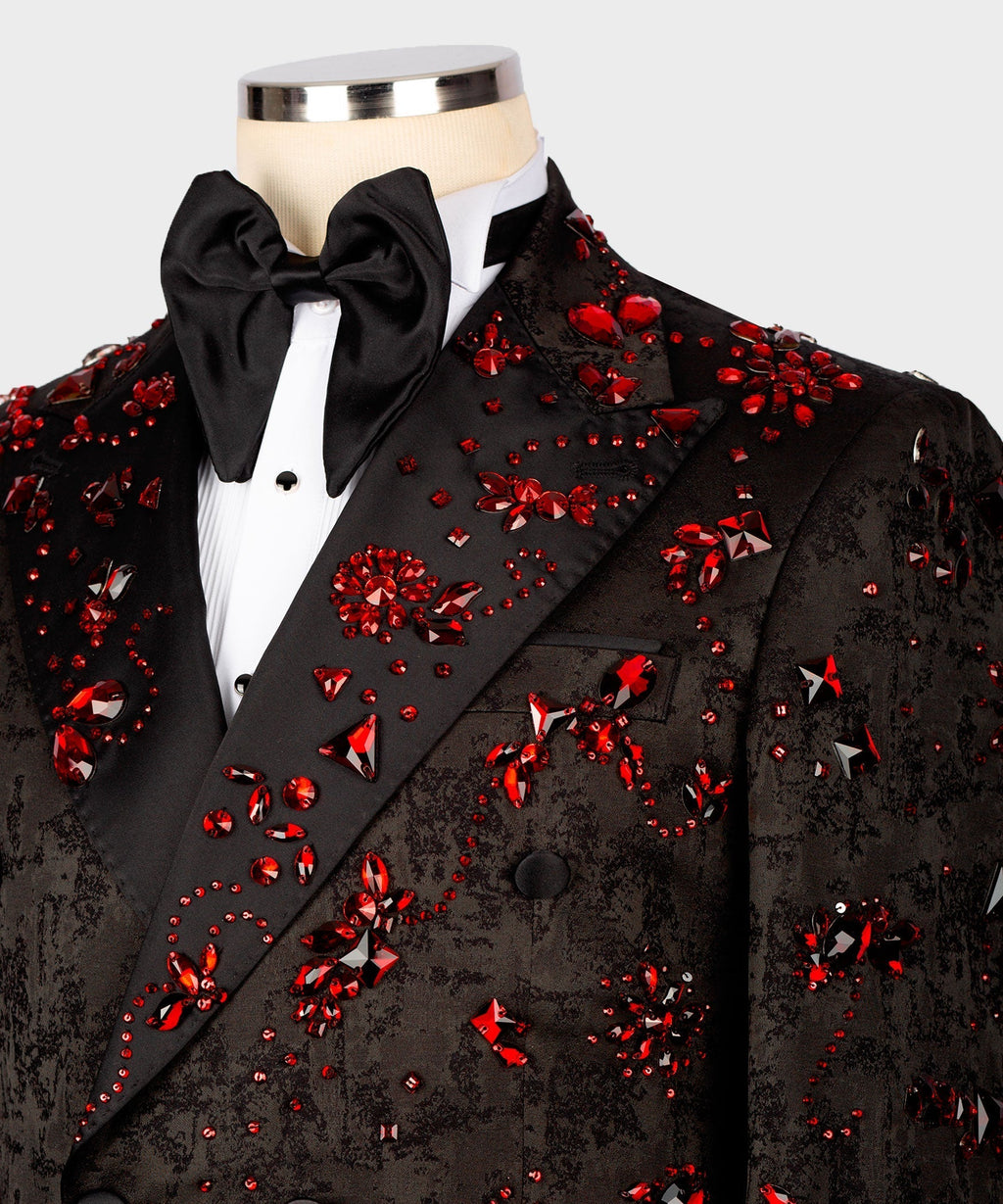 Black tuxedo lapels and bow tie with dense red stone sparkle embroidery