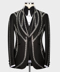 Black tuxedo jacket with silver embroidered trim, bow at neckline