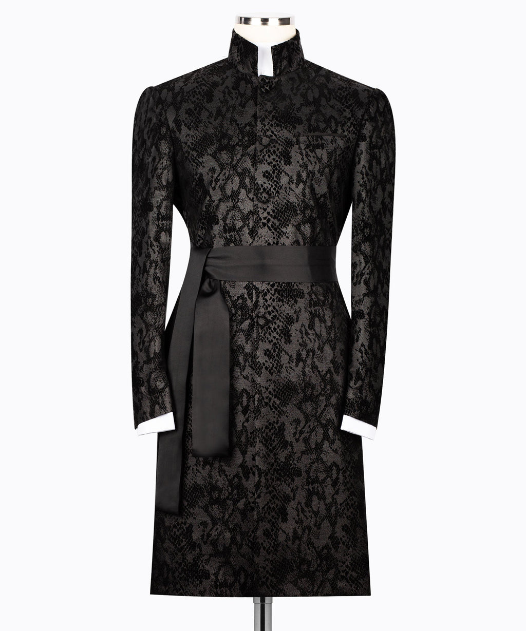 Black snake-print tuxedo jacket with long tied belt detail, high collar