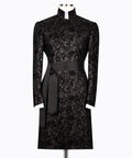 Black snake-print tuxedo jacket with long tied belt detail, high collar