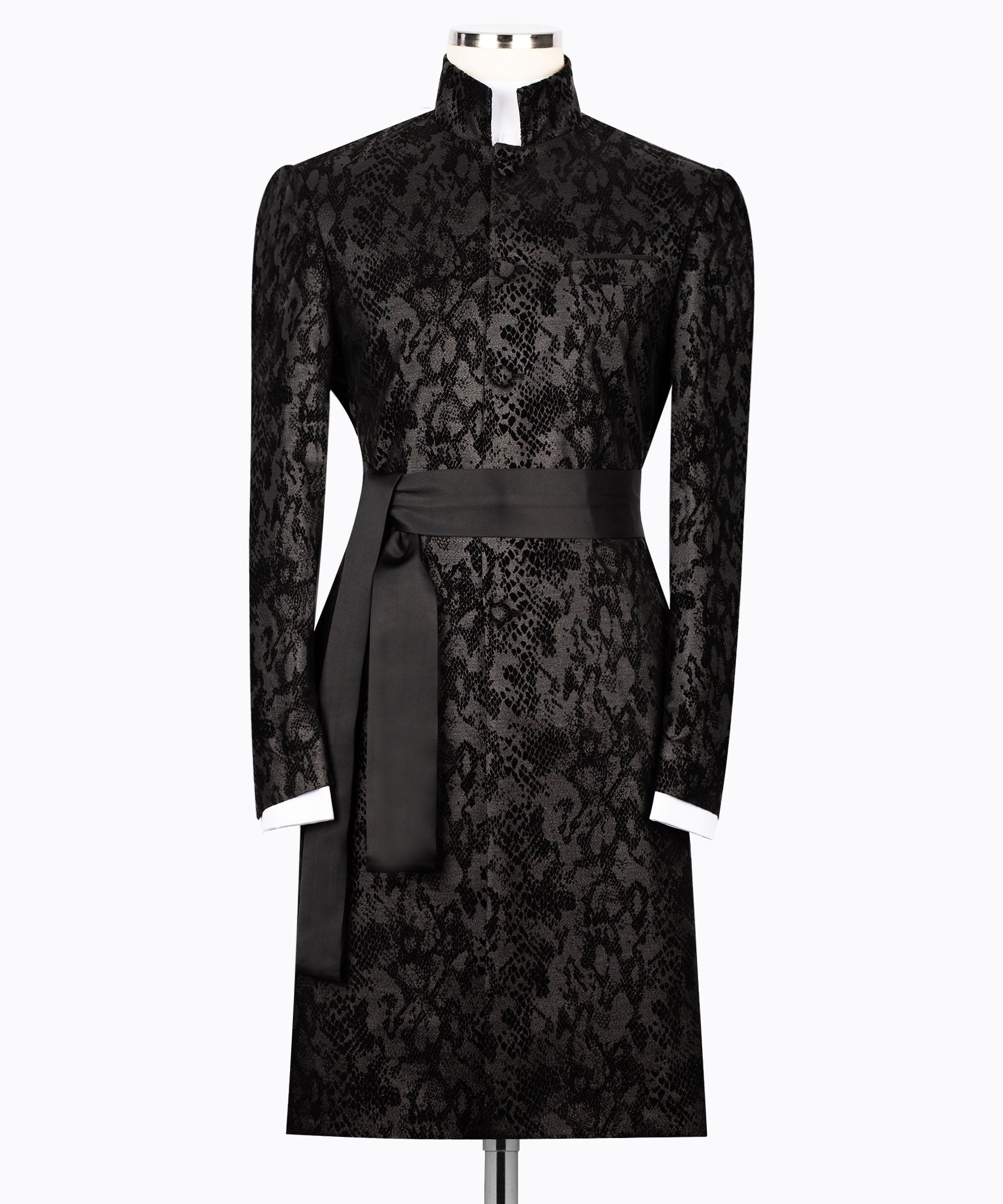Black snake-print tuxedo jacket with long tied belt detail, high collar