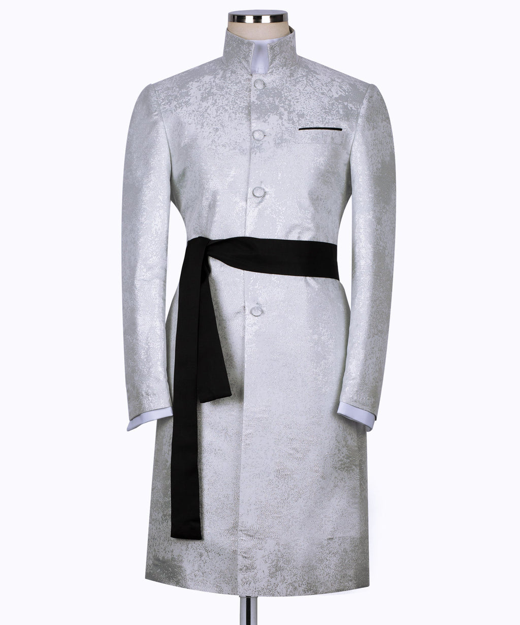 Light textured tuxedo jacket with black long sash belt, button front, chest pocket